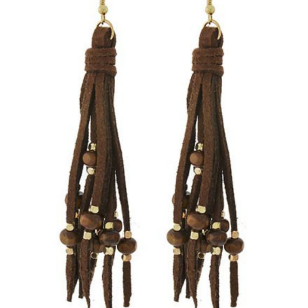 Brown & Gold Bead Tassel Leather Hook Earrings